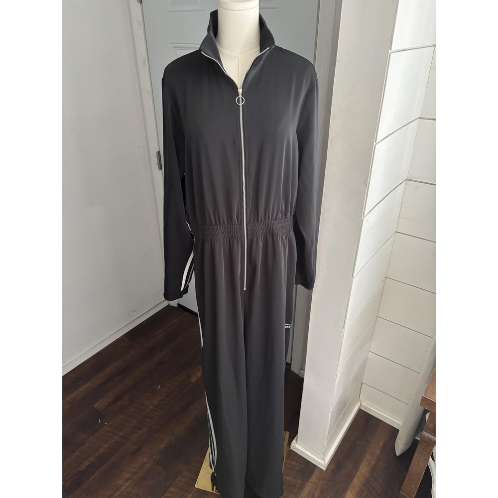 Adidas Jumpsuit Womens XL Plus Black Jersey Track High Neck Zip Pocket Stripes